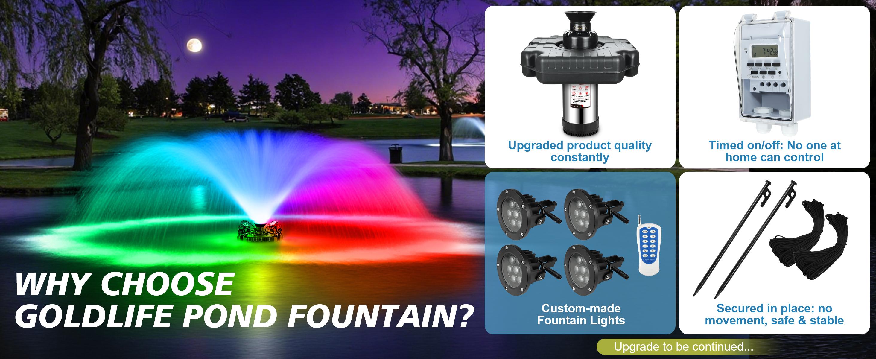 Goldlife Pond Fountain Aerator, F3 With 4 RGB Lights, 1HP 750W 110V Stainless Steel Floating Fountain With 100FT Power Cord, Octagon Aerating Fountain Pump for Small Large Pond Lake Pool Bay Fish farm