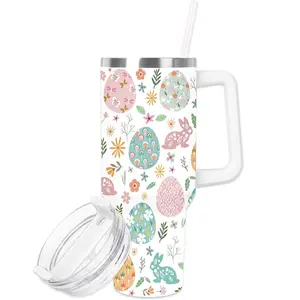 40oz Easter Tumbler with Handle 40oz Easter Egg Bunny Flowers Tumbler with Lid and Straw Colorful Holiday Stainless Steel Cup for Easter Spring Home Office Travel