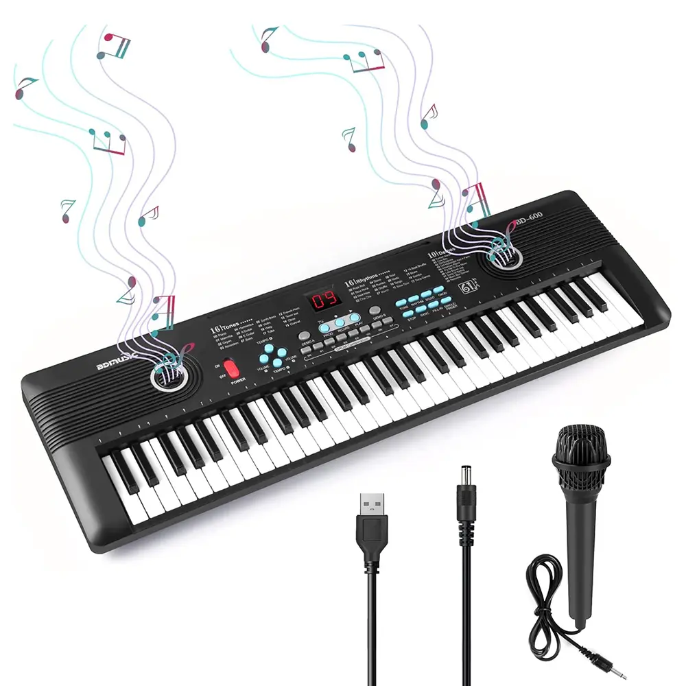 Beginner 61 Key Keyboard Piano, Electric LCD Digital Piano Music Keyboard with Microphone, Portable Piano For Kids Children Birthday Christmas Toy Gifts, Black