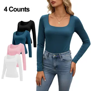 Cakulo Women's 4-Piece Long Sleeve Shirts Basic Crop Tops Going Out Fall Fashion Underscrubs Layer Slim Fit Y2K Tops Soft Fabric Crew Neck Casual Streetwear Haze Blue White Black Womenswear Crewneck SpringStatements