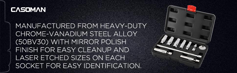 CASOMAN 10PCS 3/8"Drive Magnetic Spark Plug Socket Set, 6PT&12PT, Include Extension Bar, Universal Joint & Spark Plug Gapper, CR-V Steel