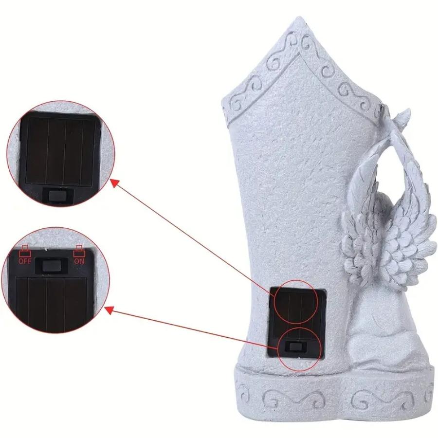 White Religious Heaven Angel Wing Cross Synthetic Figurine - Solar LED Light Resin Vase Ornament, Graveyard Bereavement Memorial Gift for Relatives (Figurines, Statues & Bobbleheads Category)
