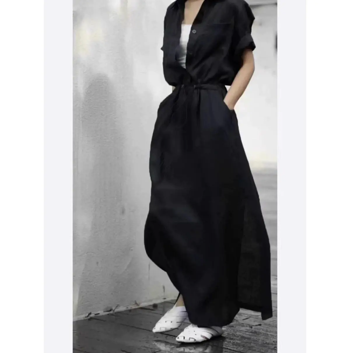chinese dress ladies Black Shirtdress Midi Button Linen Blend Short Sleeve
