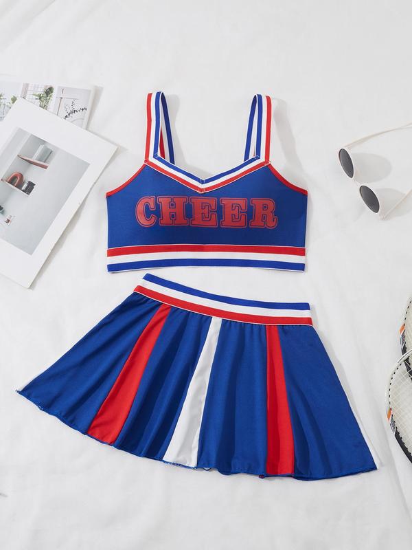 Women's Colorblock Cheerleading Uniform Set, Cheerleader Costume Set, Cute Bandeau Bra & Skirt Set for Cosplay Party, Ladies Underwear Set