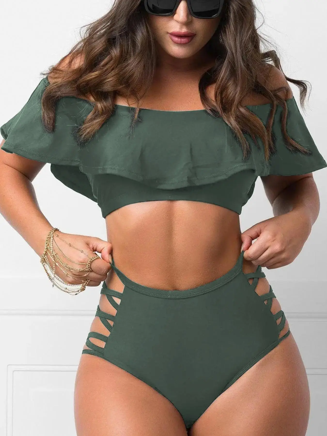 Women's Solid Color Off-Shoulder Bikini Sets, High Waisted Swimsuit, Chic Bikinis Set Including Short-Sleeve Swim Top and Criss-Cross Cutout Bottoms, Ladies Summer Swimwear for Beach Holiday Vacation