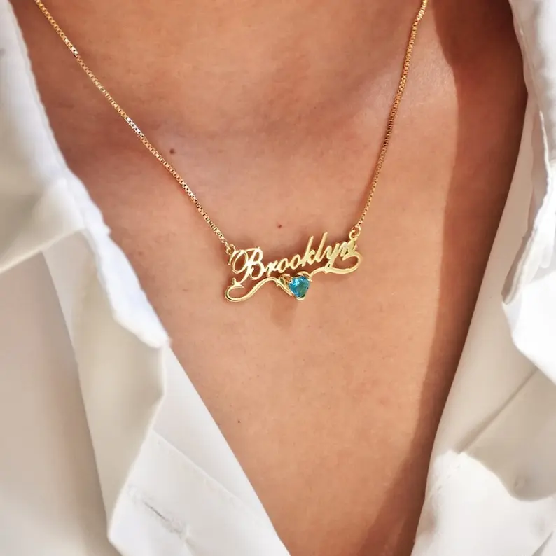 AS182 For Mother's Day Personalized Custom Name Inlaid Birthstone Pendant Stainless Steel Cut Birthday Necklace Gift Family and Friends