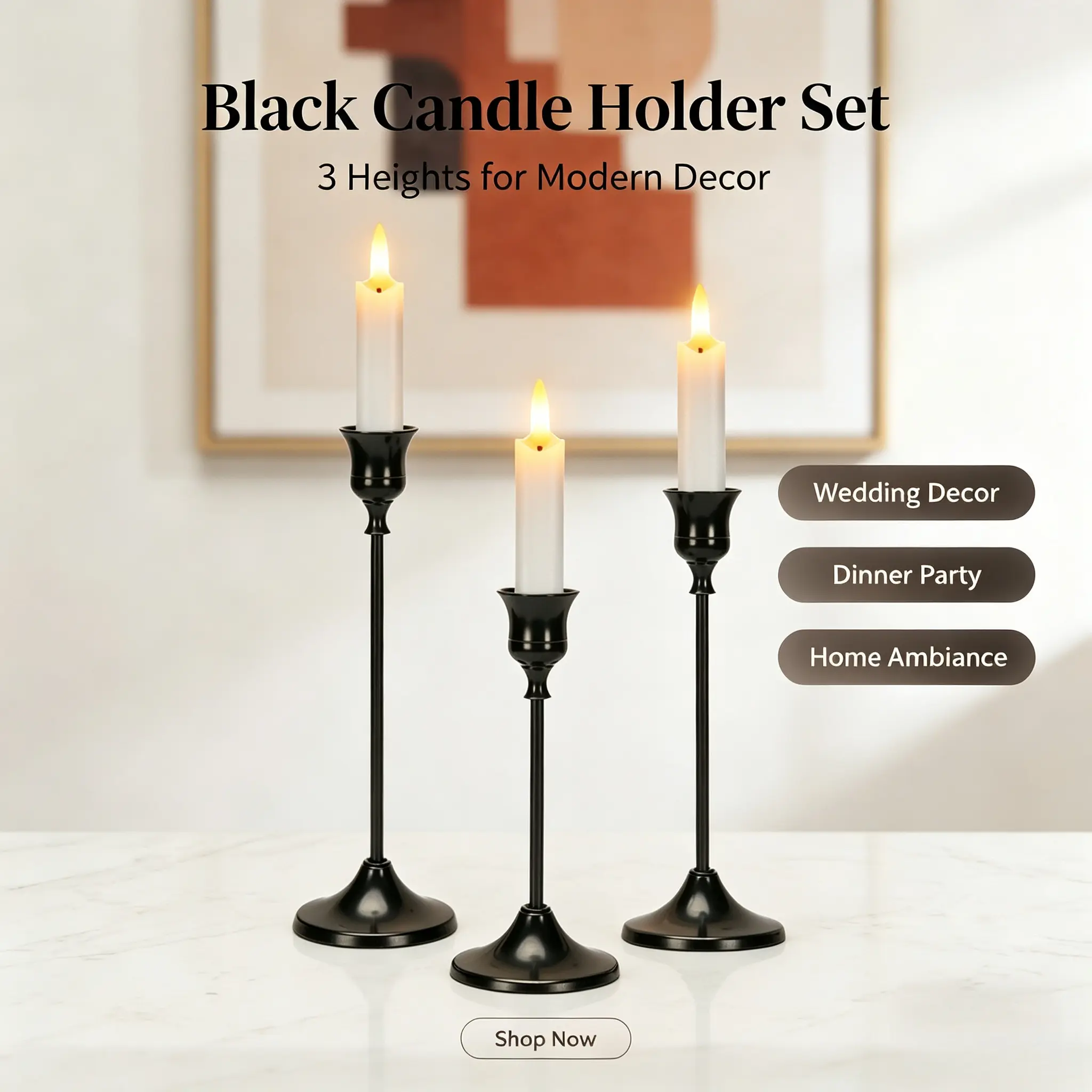 3Pcs Casual Chic Matte Black Metal Pillar Candle Holders, Decorative Stands for Dining Room, Fireplace Mantel, Christmas, Fall, Halloween, Ceremony, Housewarming Gift & Home Decor, Candles Not Included