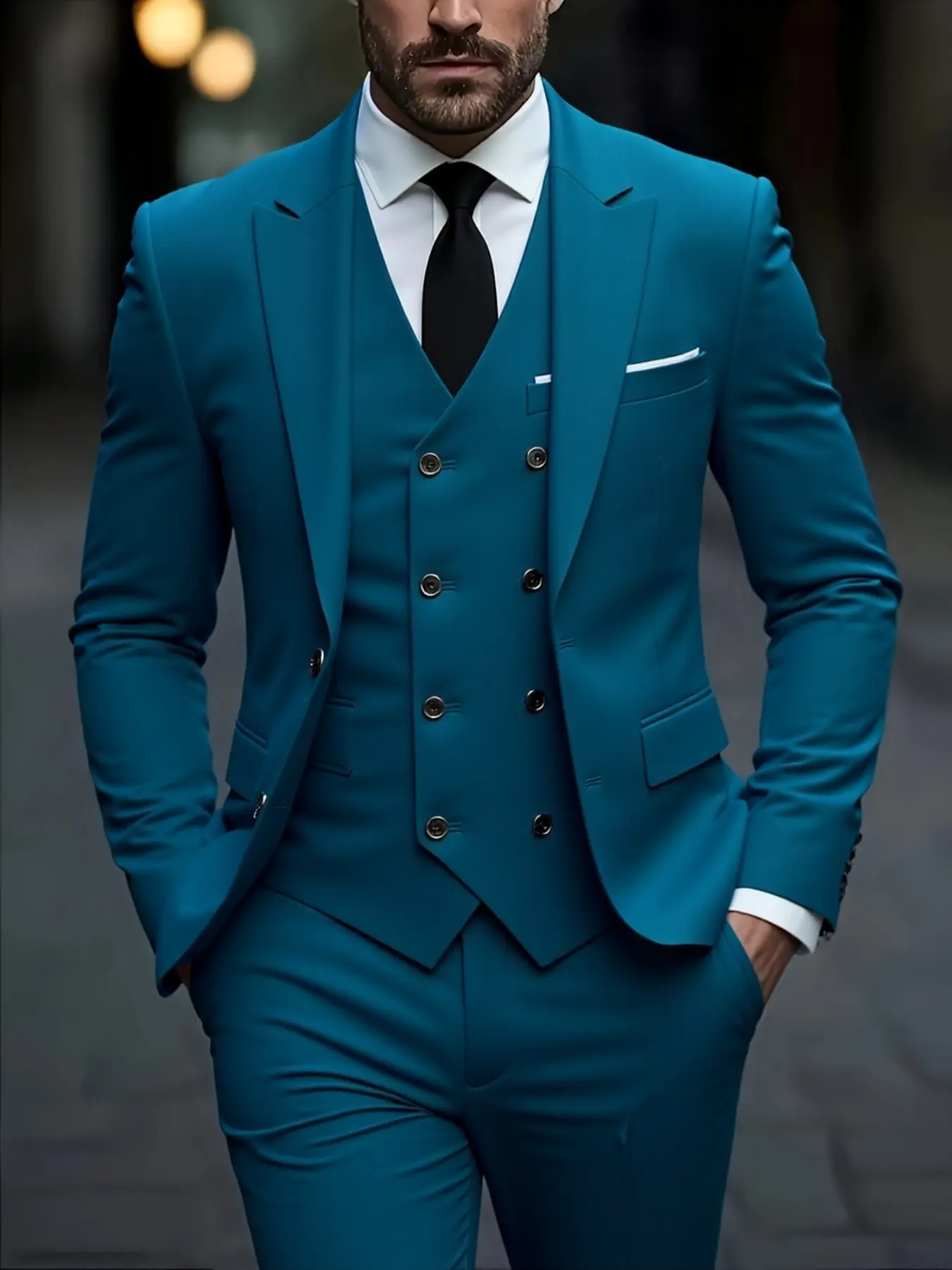Men's 3-Piece High-Quality Business Office Suit Set Outfit, Double-Breasted Waistcoat Groom and Best Man Formal Suit for Weddings and Parties (Coat, Vest, Trousers) Pockets Formal Wear, Long Sleeve