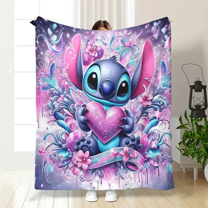 [SummerVibes] DISNEY CLASSIC Stitch Cartoon Print Flannel Blanket - Soft & Durable Lightweight Throw for Sofa, Bed, Travel & Camping