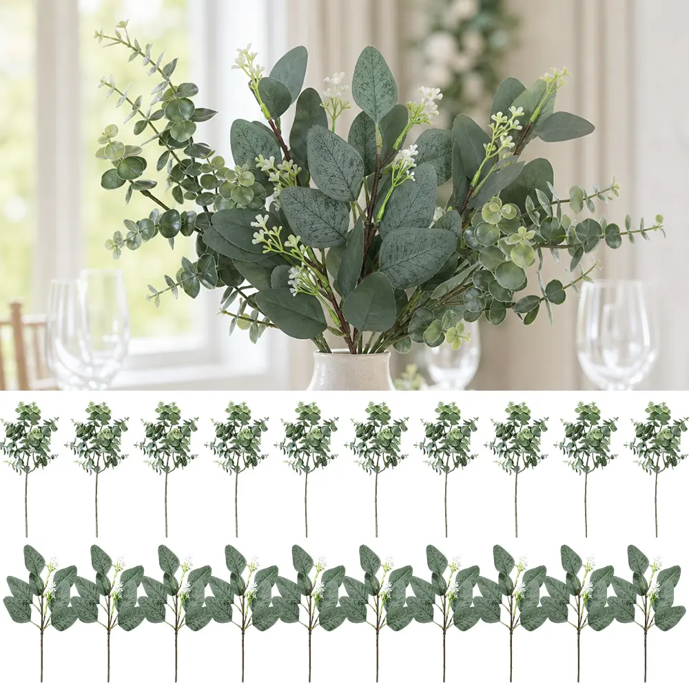 20Pcs Waterproof Decorative Faux Silk Eucalyptus Leaves - 1.3"-1.9" Width Oval-Shape with White Seeds, Artificial Greenery Stems for Floral Decor, Wedding Decor, Water Proof, Leaf
