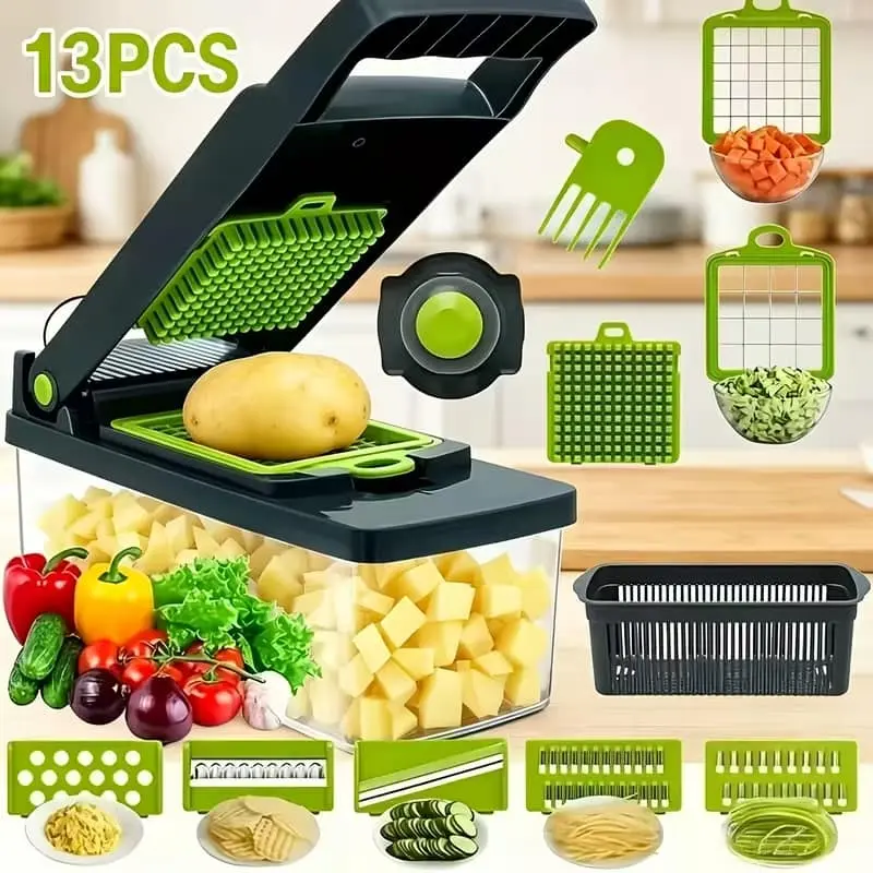 13pcs Upgraded Vegetable Chopper, Multifunctional Fruit Slicer, Handle Based Food Grater, Container Cutting Tool, Multi Blade Replaceable Onion Chopper, Household Potato Slicer