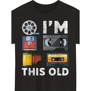 Retro Vintage Media Technology T-Shirt - Nostalgic Cassette VHS Floppy Disk Print Short Sleeve Round Neck Tee - Digital Heat Transfer Casual Shirt for Tech Conventions & Casual Attire