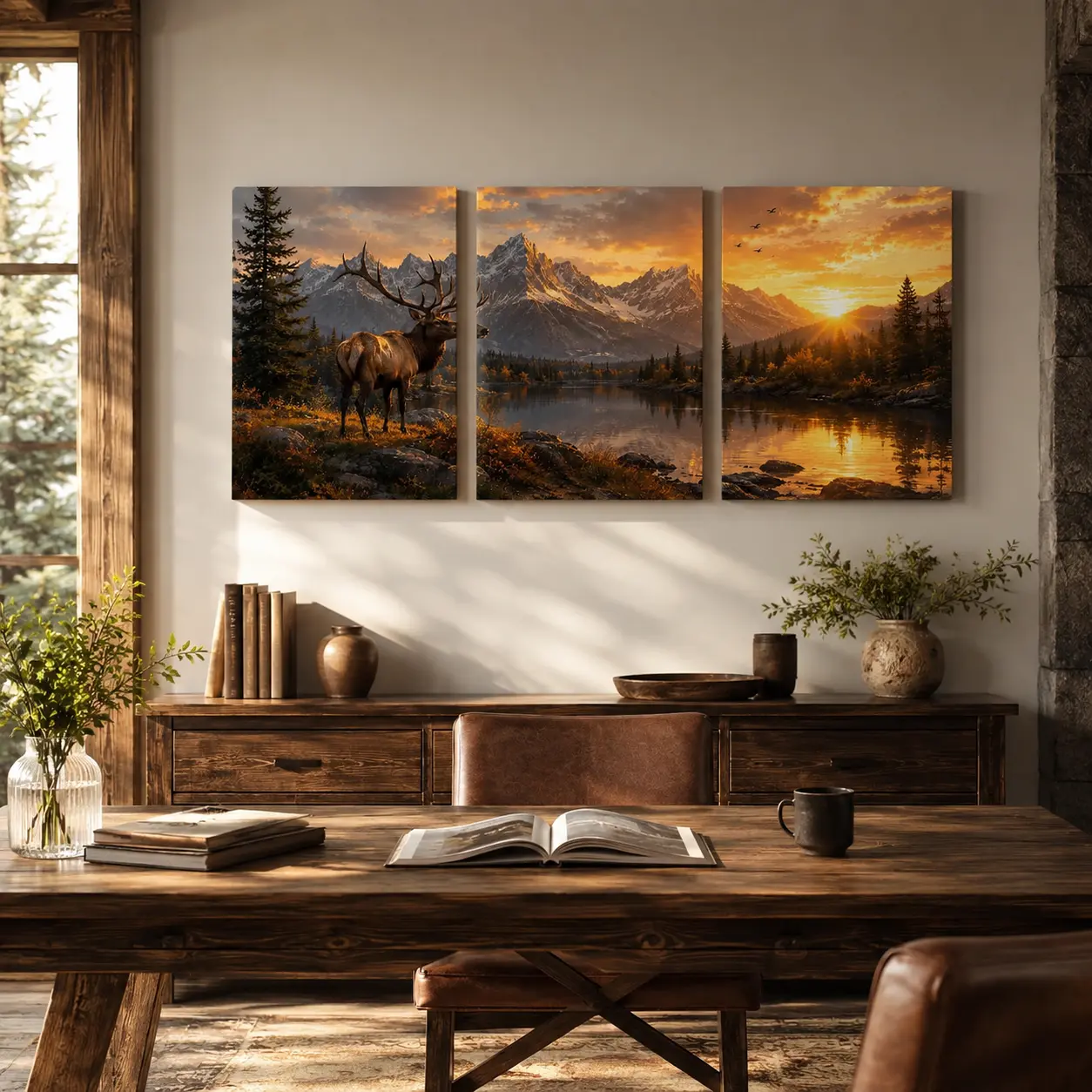 3-Panel Pine Wood Framed Elk Mountain Lake Canvas Wall Art Set - Rustic Sunset Vivid Colors Canvas Print, Lightweight Artwork, Hanging Decoration for Living Room, Bar, Bedroom Home Decor, Matte Finish