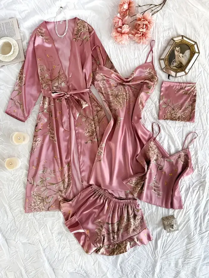 Elegant Pink Satin Pajama Set with Floral Print - Includes Robe, Camisole, Shorts, and Pocket - Perfect for Cozy Nights Loungewear Nightwear
