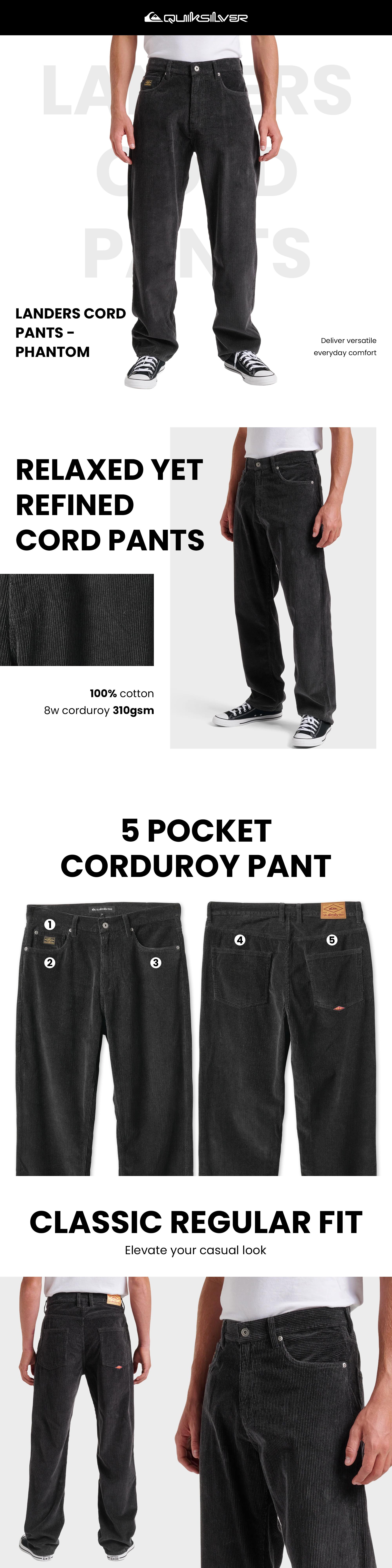 Quiksilver | Landers Cord Pants - Phantom | 100% Cotton 310GSM | Yarn Dye Fixed Bottoms | Men's Casual Trousers