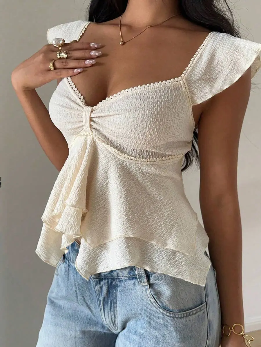 [Llanes] Women's Solid Color Textured Knit Double-Layer Ruffled Hem Sweetheart Neck Cap Sleeve Elegant T-Shirt, Suitable For Daily Street Wear