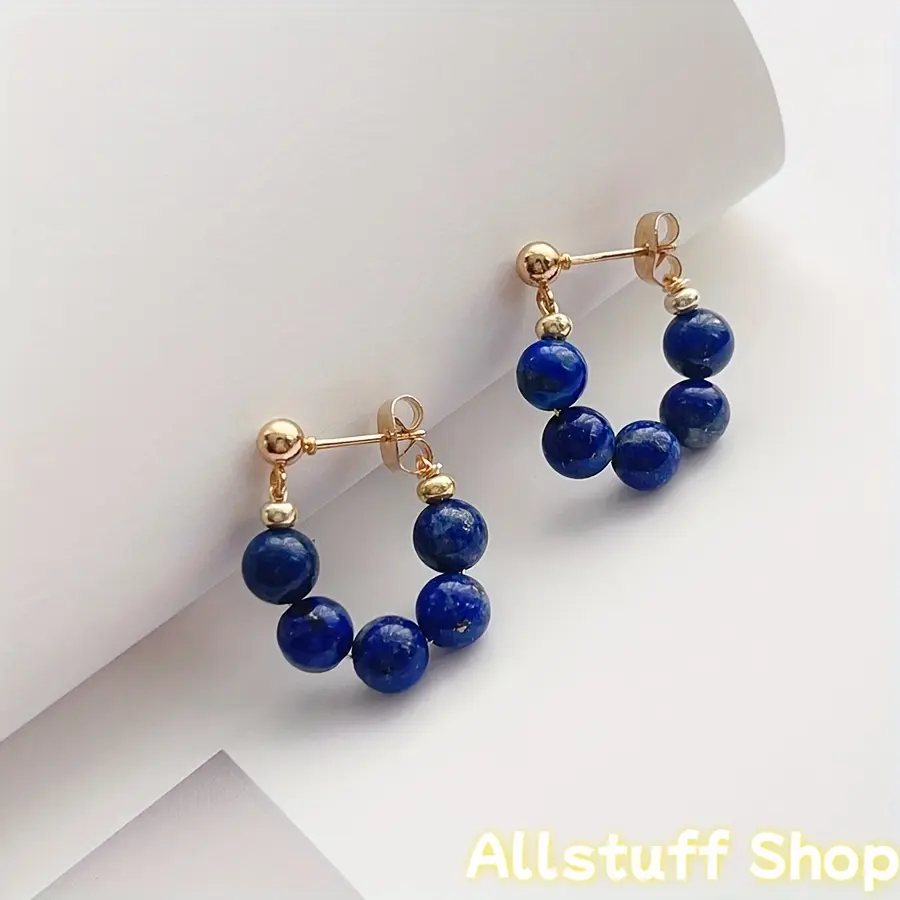 Women's 6MM Natural Blue Lapis Lazuli Beaded Strand Earrings, Blue Shiny Colored Stone Ear Accessories for Sports & Outdoor Activities, Blue Shiny Earrings