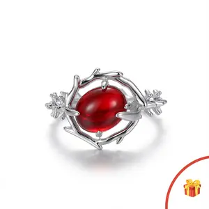 Women's Gothic Fantasy Adjustable Red Gem Ring - Cradled by Mystical Antler Vines, Baddie Statement Costume Jewelry, Unique Fantasy Gift, Adjustable Rings