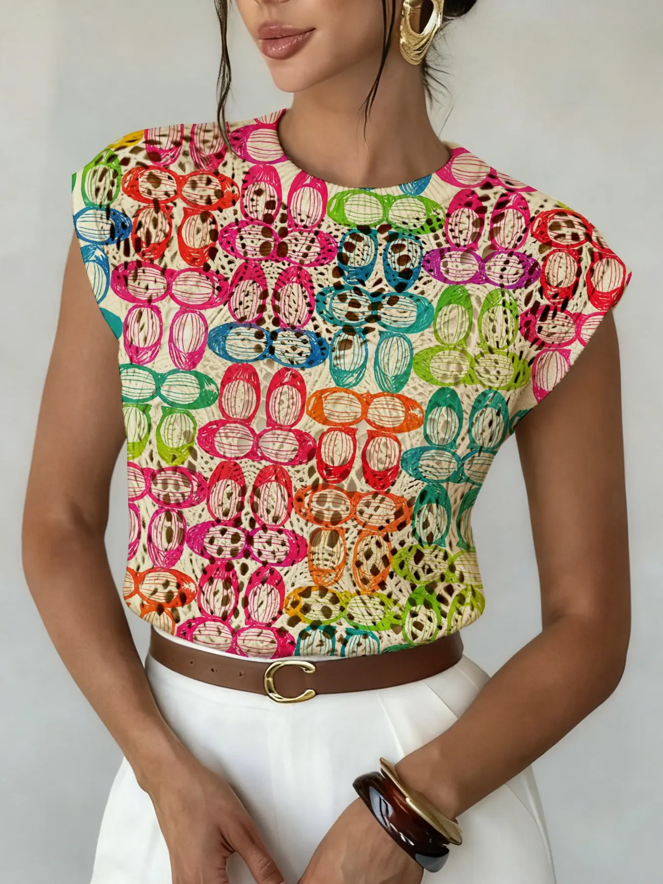 Geometric Pattern Colorblock Print Round Neck Sweater Top, Lady Casual Fitted Sleeveless Knitwear Sweater Pullover Style for Spring Summer Fall, Comfortable Warm Women's Clothing Womenswear, Fashion Knitwear Clothing