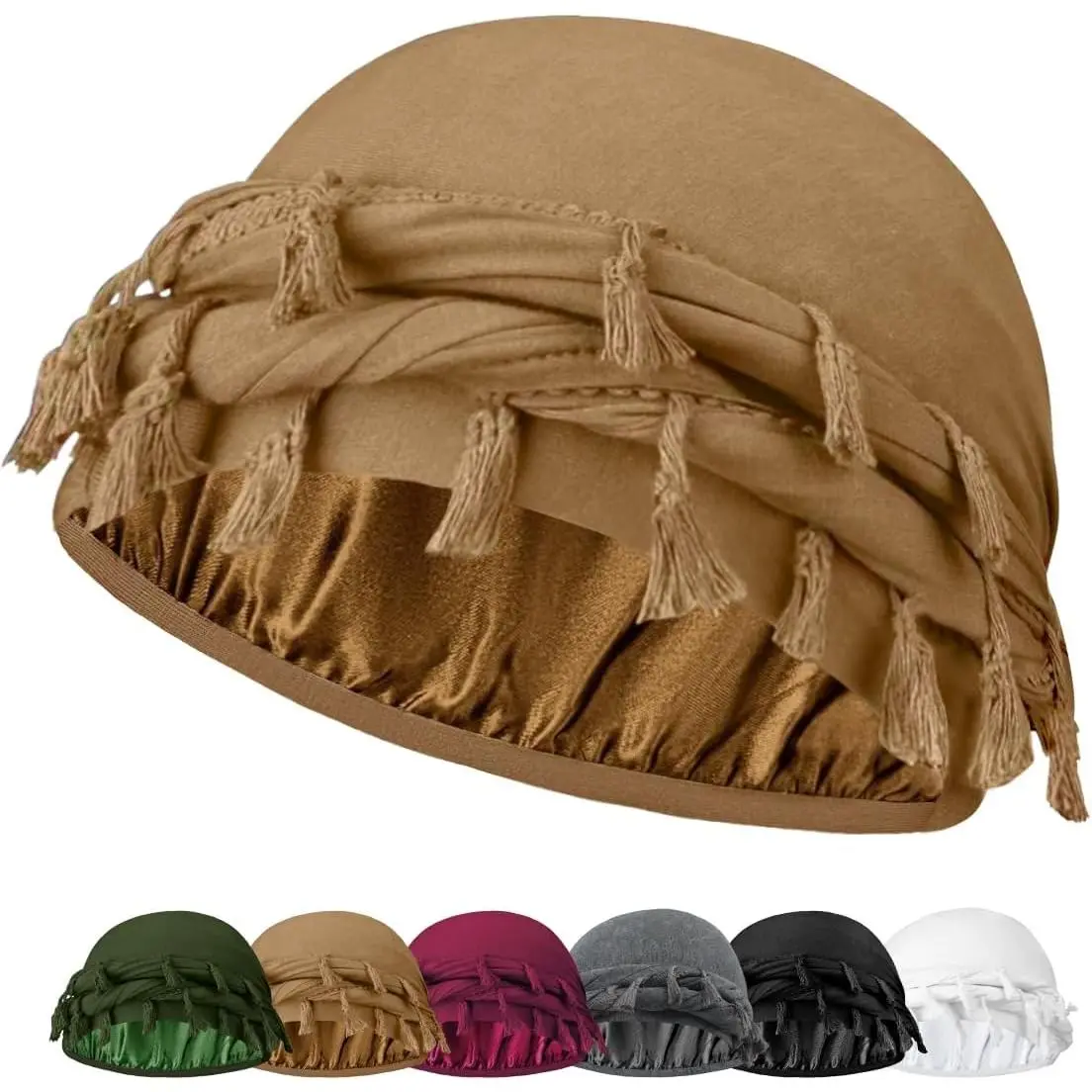 Adjustable Satin-Lined Halo Turban with Twisted Tassel - Modal Fabric Stretch Unisex Beanie, Bathroom Shower Sleep Cap, Everyday Outdoor Use
