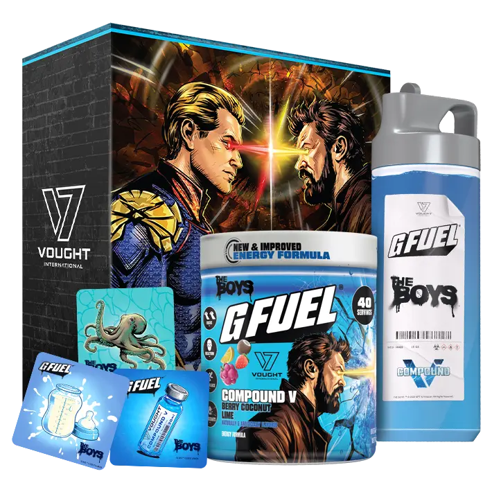 G FUEL Energy Formula | Compound V Collector's Box | Berry Coconut Lime | Collectible Box and Custom Tall Metal Sipper Pack Shaker