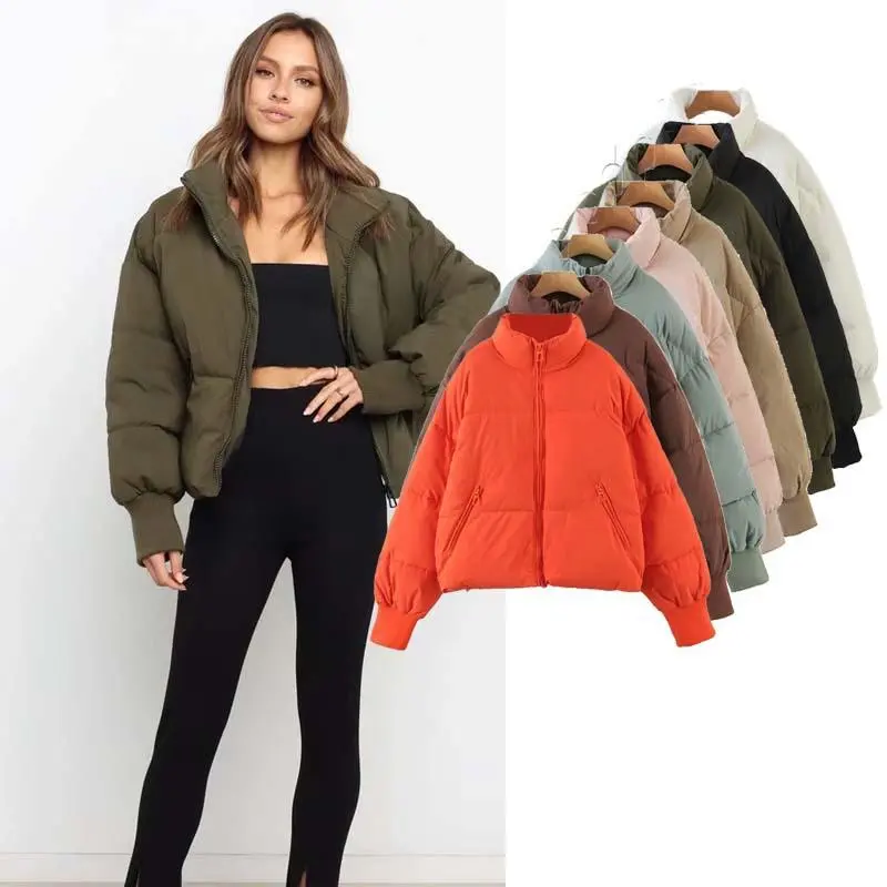 BIGWIG women's winter long-sleeved zippered short down jacket, stand-up collar loose short down jacket with pockets, quilted down jacket, winter warm puffer jacket, cotton jacket, casual winter coat, down jacket