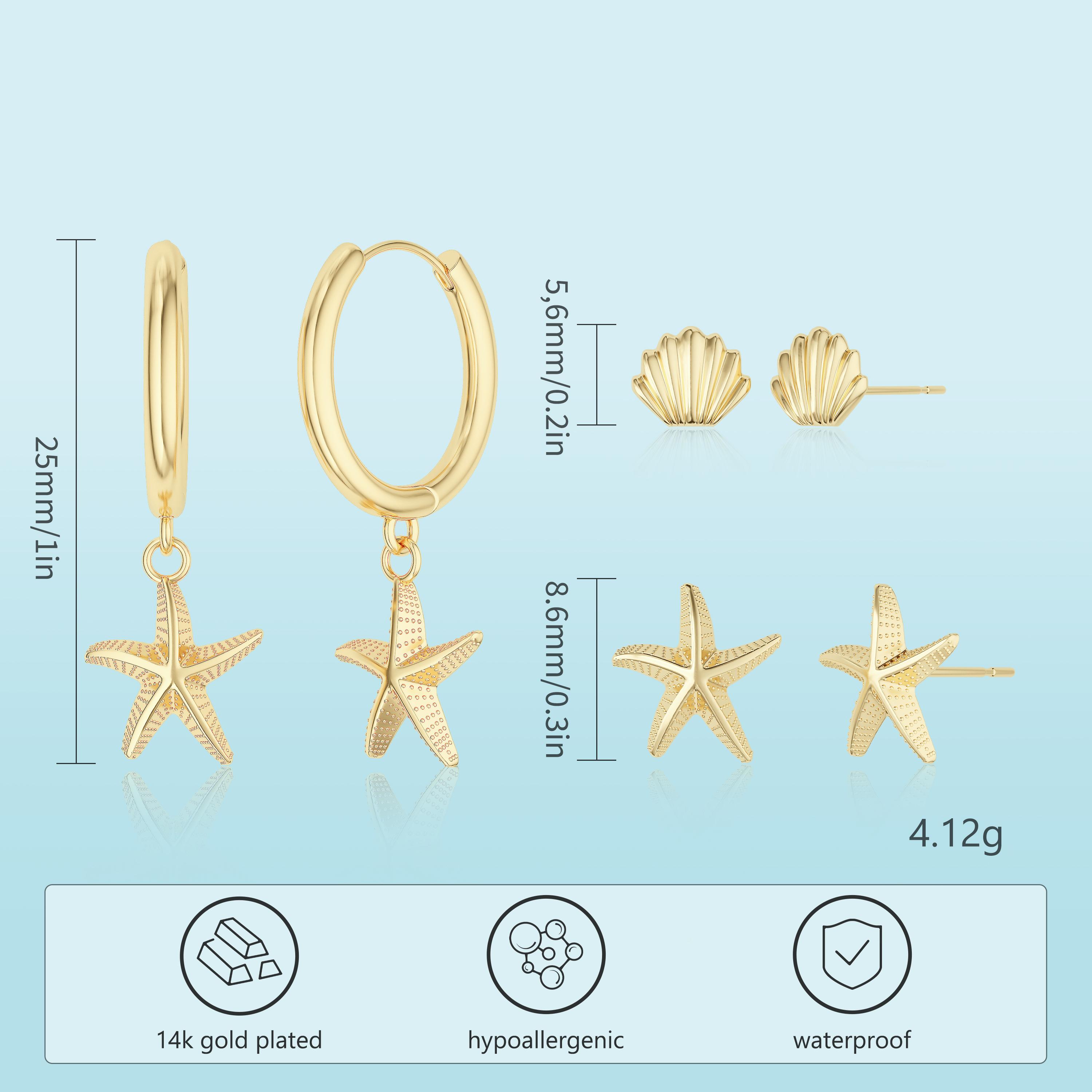 Tewiky 14K Gold Plated Huggie Earrings for Women Beach Sea Drop Dangle Earrings -  Starfish Seashell Beachy Jewelry For Valentine's Day gifts