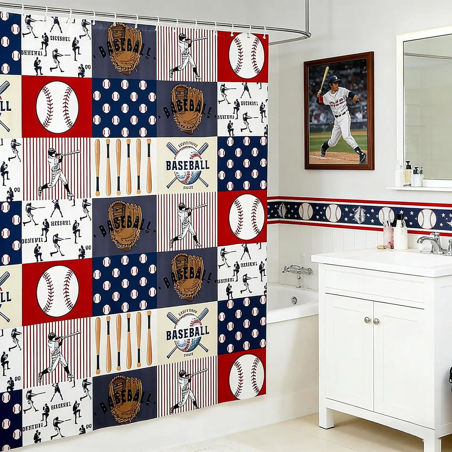 Plaid Shower Curtains Baseball Sports Theme Bathroom Curtains Baseball Bat Gloves Print Waterproof Bath Curtains Suits for Bathtub