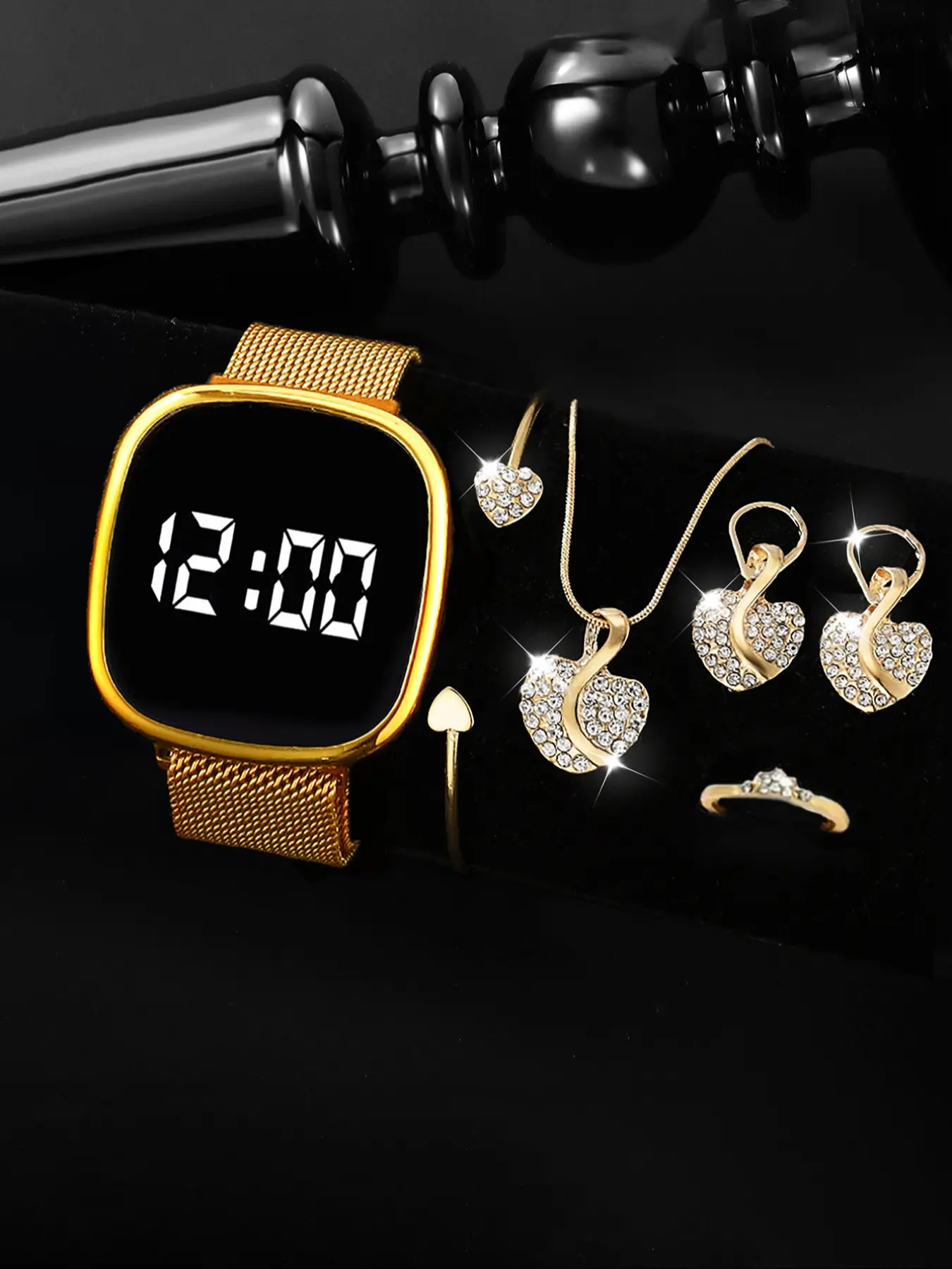 6pcs Rose Gold LED Display Analog Digital Fashion Girly Watch Set, Magnetic Buckle, Casual Style, Perfect Gift for Kids & Couples