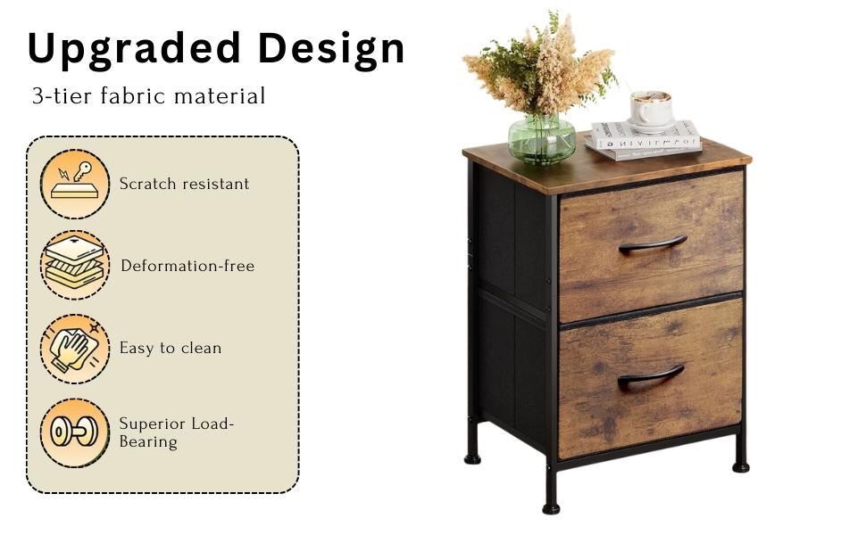 2-Drawer Nightstand with Fabric Storage, Rustic Brown Bedside Table for Small Spaces, Compact Night Stand for Bedroom, Dorm, Apartment - Easy Assembly (15.7" W x 11.8" D x 20.9" H)