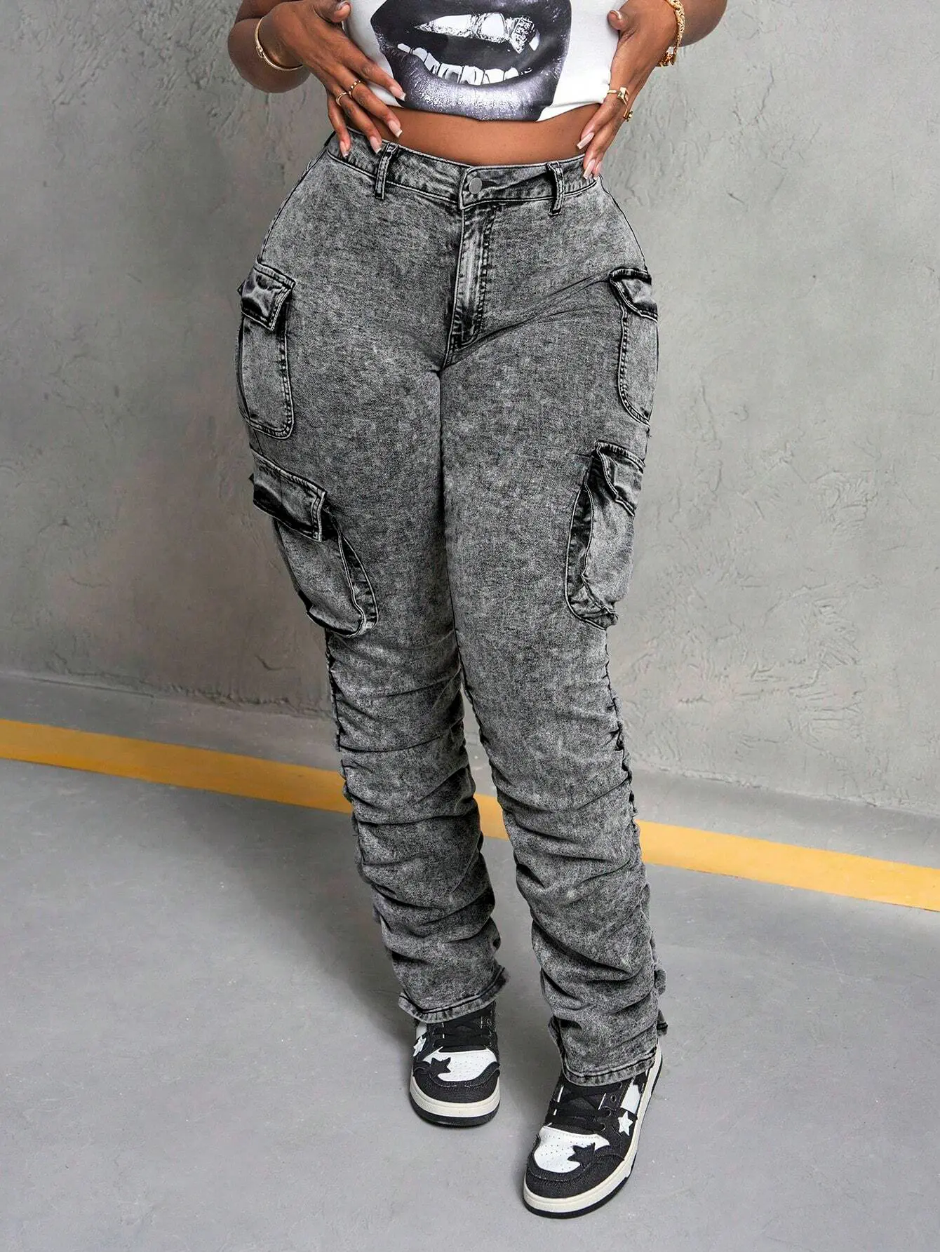 Plus Size High-Waisted Stacked Cargo Jeans with Multi-Pocket Design Acid Washed Vintage Finish for Streetwear Women - Womenswear