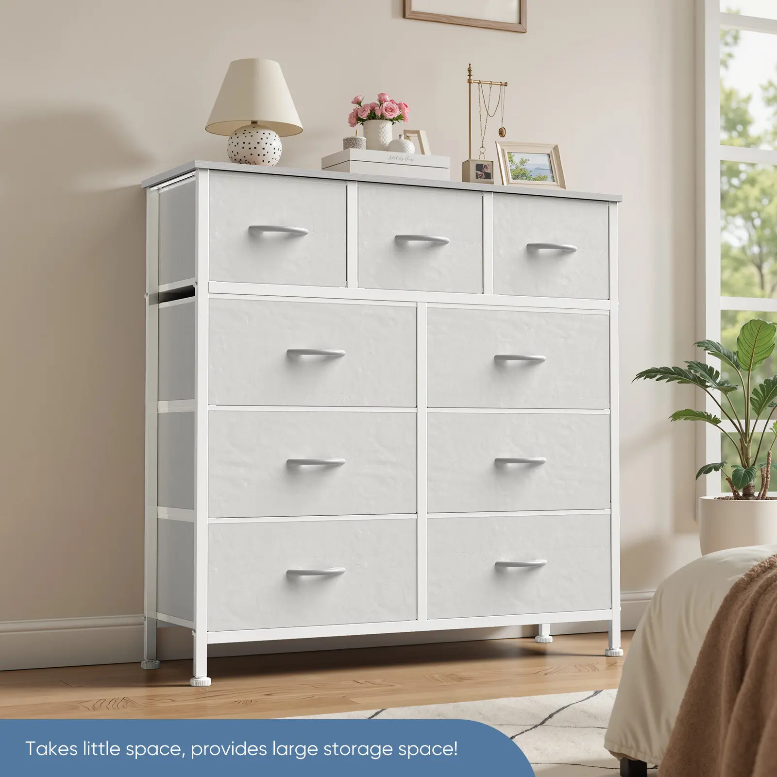 9 Drawers Dresser for Bedroom, Storage Drawers, Fabric Storage Tower  Chest of Drawers with Fabric Bins, Sturdy Metal Frame