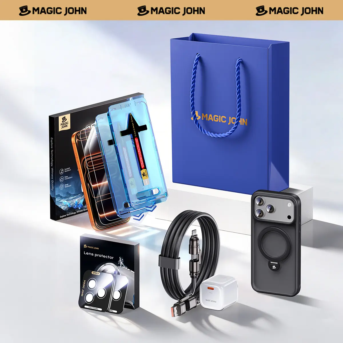 MAGICJOHN Digital Value Bundle for iPhone 17 / 16 / 15 Pro & Pro Max Includes HD or Privacy Tempered Glass Screen Protector, Camera Lens Protector, 360° Rotating Magnetic Stand Phone Case, 45W Super Fast Charger, and 65W USB-C 4-in-1