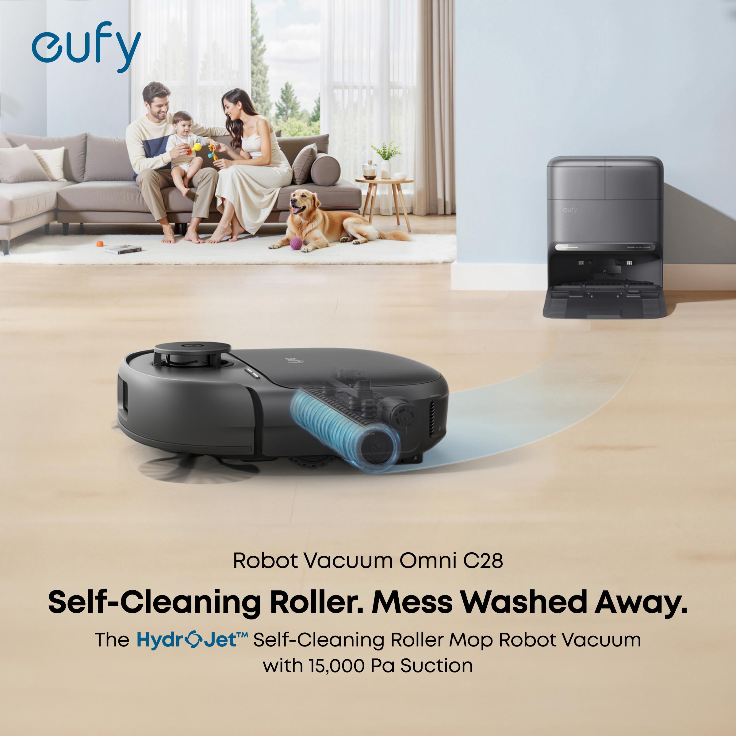 eufy C28 Robot Vacuum and Mop Combo, HydroJet Self-Cleaning Roller Mop, DuoSpiral Detangle Brush, 15,000 Pa Turbo High Suction, 5-in-1 Robot Vacuum and AI Obstacle Avoidance