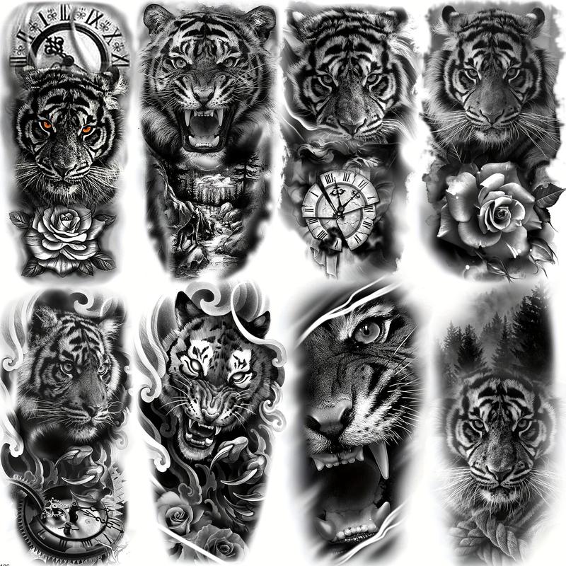 Rechal 8 Sheets Realistic Tribal Large Tiger Temporary Tattoo Stickers For Women Adults, Half Arm Sleeve Tattoos For Men, 3D Black Tiger Compass Flower Tattoos Decals