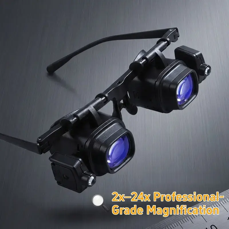 Head-Mounted Magnifying Glasses with 2 LED Lights, 2x-24x Acrylic Lenses Hands-Free Loupe, Portable ABS Frame Magnifier with Case for Electronics, Watch, Mobile Phone Repair, Crafts, Close Work, Unisex Gadget