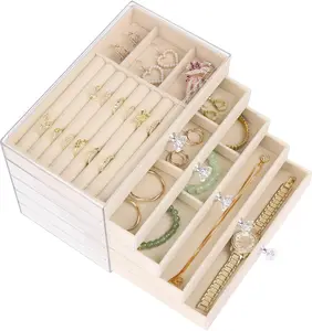 Luxury Acrylic Jewelry Organizer with 5 Drawers Velvet Lined Clear Stackable Storage for Earrings Necklaces Rings Bracelets Elegant Beige Vanity Dresser Top Display Corner Cosmetic Rack Collapsible Multifunctional Bins Rolling Three-Tier Cart Set prevents