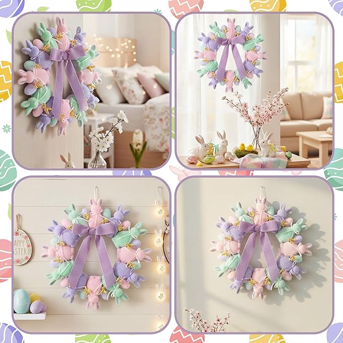 Flocked Easter Bunny Wreath with Eggs & Bow, 13" Spring Door Hanger Decor Cute Easter Wreath Vibrant Colors Easy Hang Spring Wreath for Front Door Porch Wall Window Fireplace Mantel, Easter Decor Farmhouse Home Decor Indoor Outdoor Party Supplies & Gifts