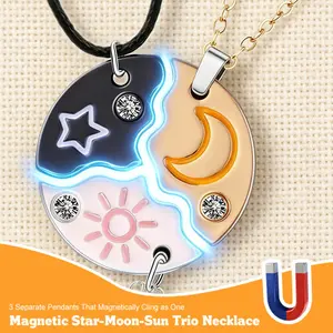 3Pcs Friendship Family Necklace for 3 Sun Moon Star Puzzle BFF Necklace Round Matching Necklaces Pendant For Women Men Best Friends Sisters Family Forever Gifts Anniversary Birthday Jewelry Gifts