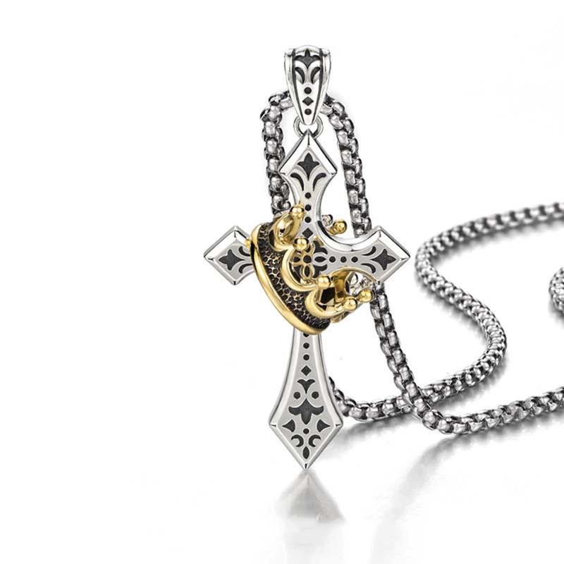 KISSFOO Stainless Steel Crown Cross Necklace for Men and Women Faith Prayer Accessories Gift