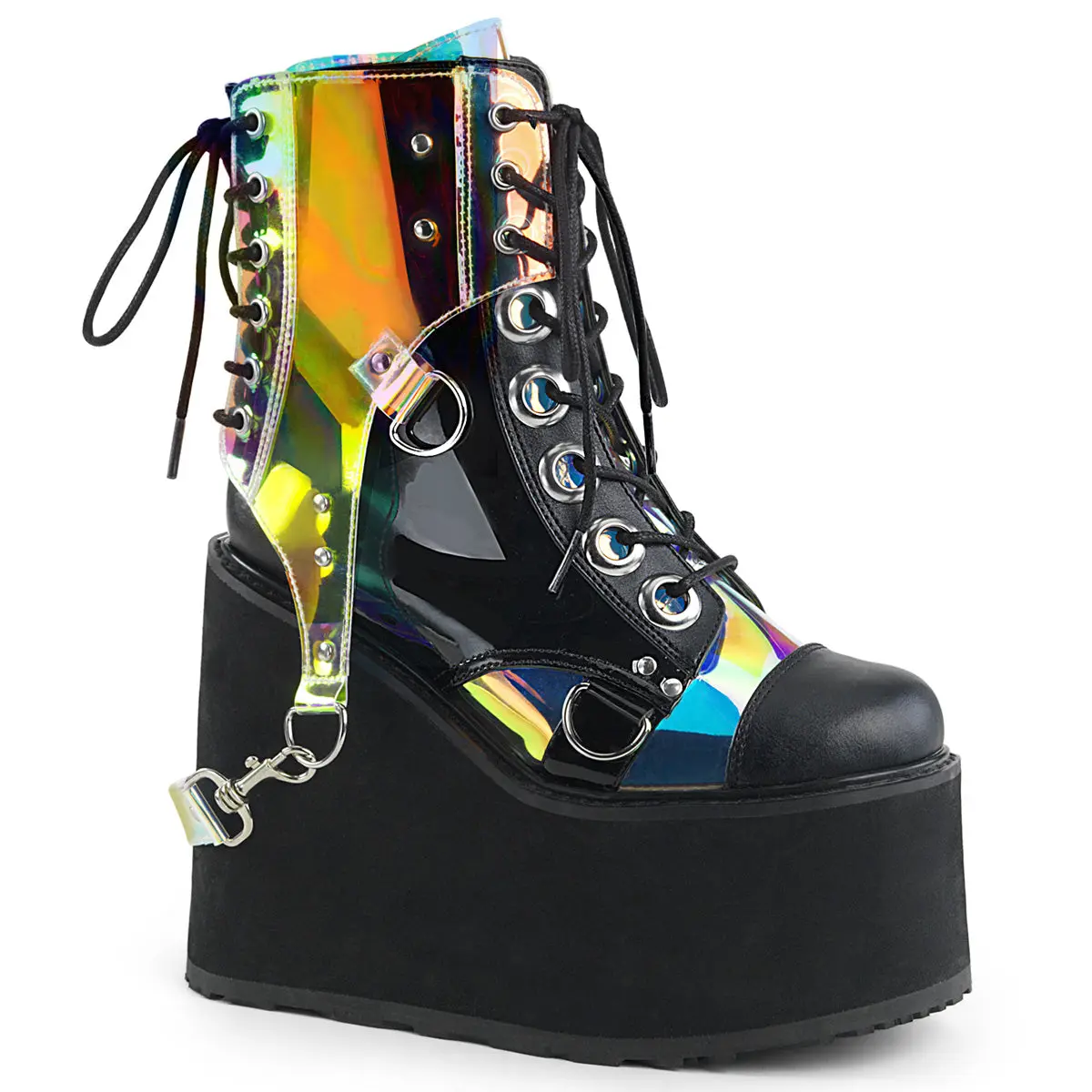Demonia Women's Swing-115 Black Vegan Patent Platform Boots