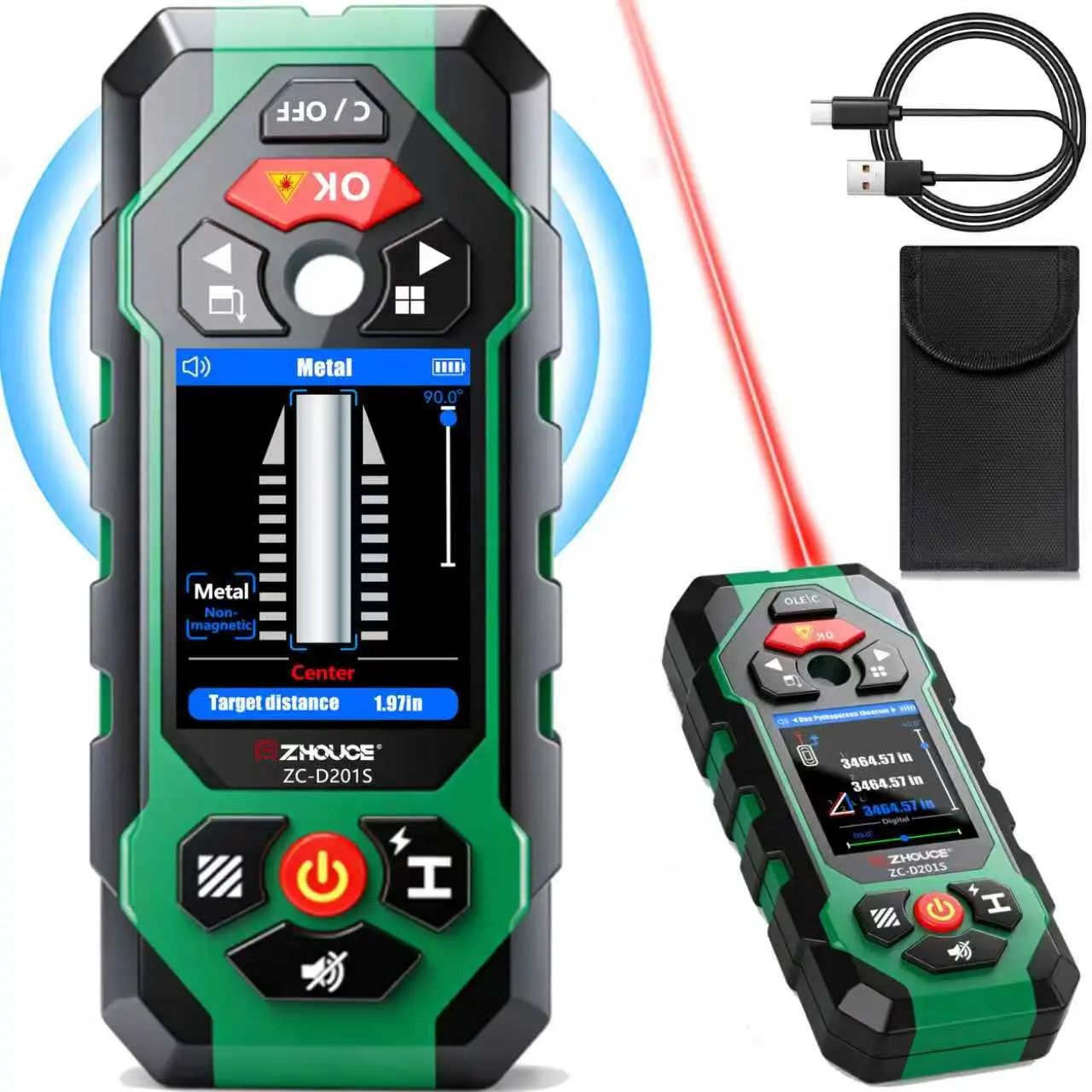3-in-1 Wall Scanner Tool, Stud Finder with 40M Laser Distance Measurer, Digital Level, Live Wire Detector, Type-C Rechargeable, Voice Alert for Locating Metal, Wood, AC Wires, PVC Pipe (Professional & DIY Home Renovation Use), Hardware