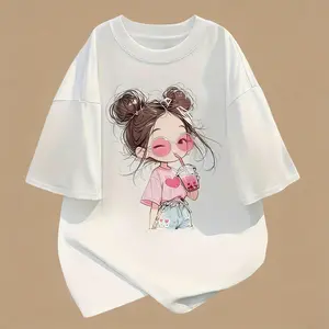 100% Cartoon Cute Printed Short Sleeve Round Neck T-Shirt, Summer New, Loose Fit, for Women