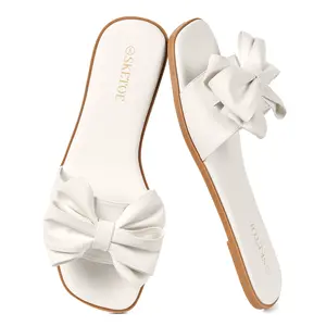 Women's Bowknot Design Slip on Flat Sandals Square Toe Flat Sandals for Beach Vacation  Lightweight Breathable Sandals Daily Wear Cute Sandals