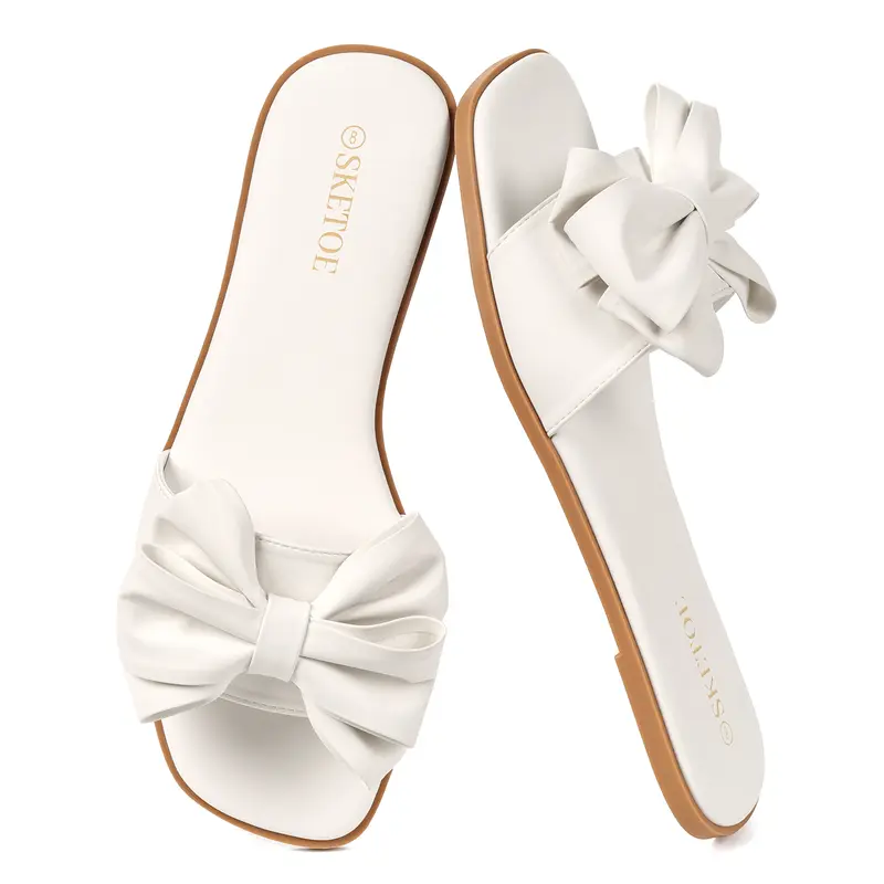 Women's Bowknot Design Slip on Flat Sandals Square Toe Flat Sandals for Beach Vacation Breathable Sandals Daily Wear Cute Sandals Casual Footwear sandals for late-summer platform sandals sandals for women 2026 summer shoe clearance