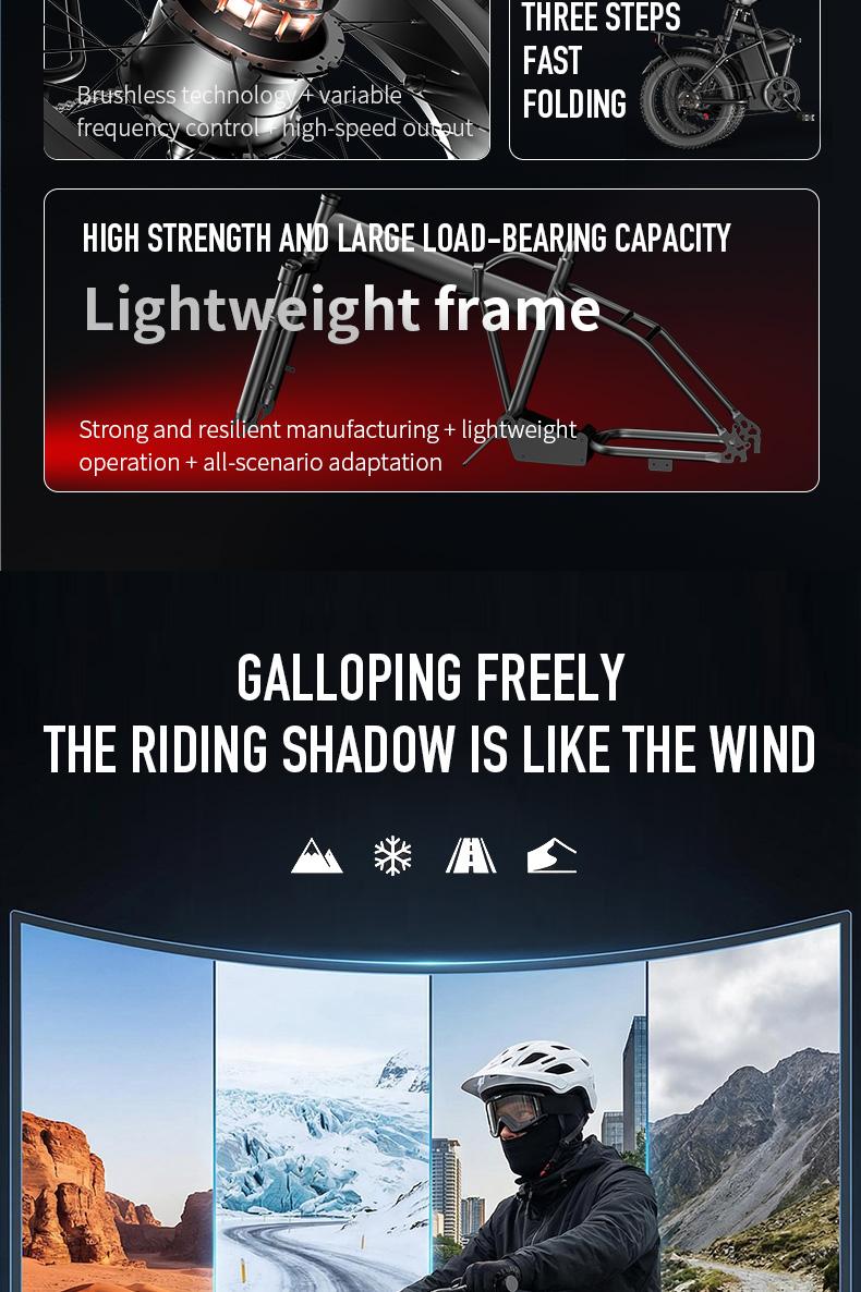 20-Inch All-Terrain Electric Folding Bicycle with High-Carbon Steel Structure 48V 20A-25A Battery 20x4 Off-Road Tires for Versatile Use as Electric Bicycle & Motorcycle SpringStatements