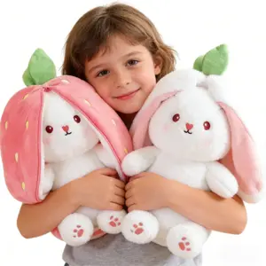 2026 Easter Bestseller: Parent-Child Interactive Gift - Strawberry Rabbit Plush Toy Transforming into a Bunny, Stuffed Doll, Carrot Birthday Gift, Pillow