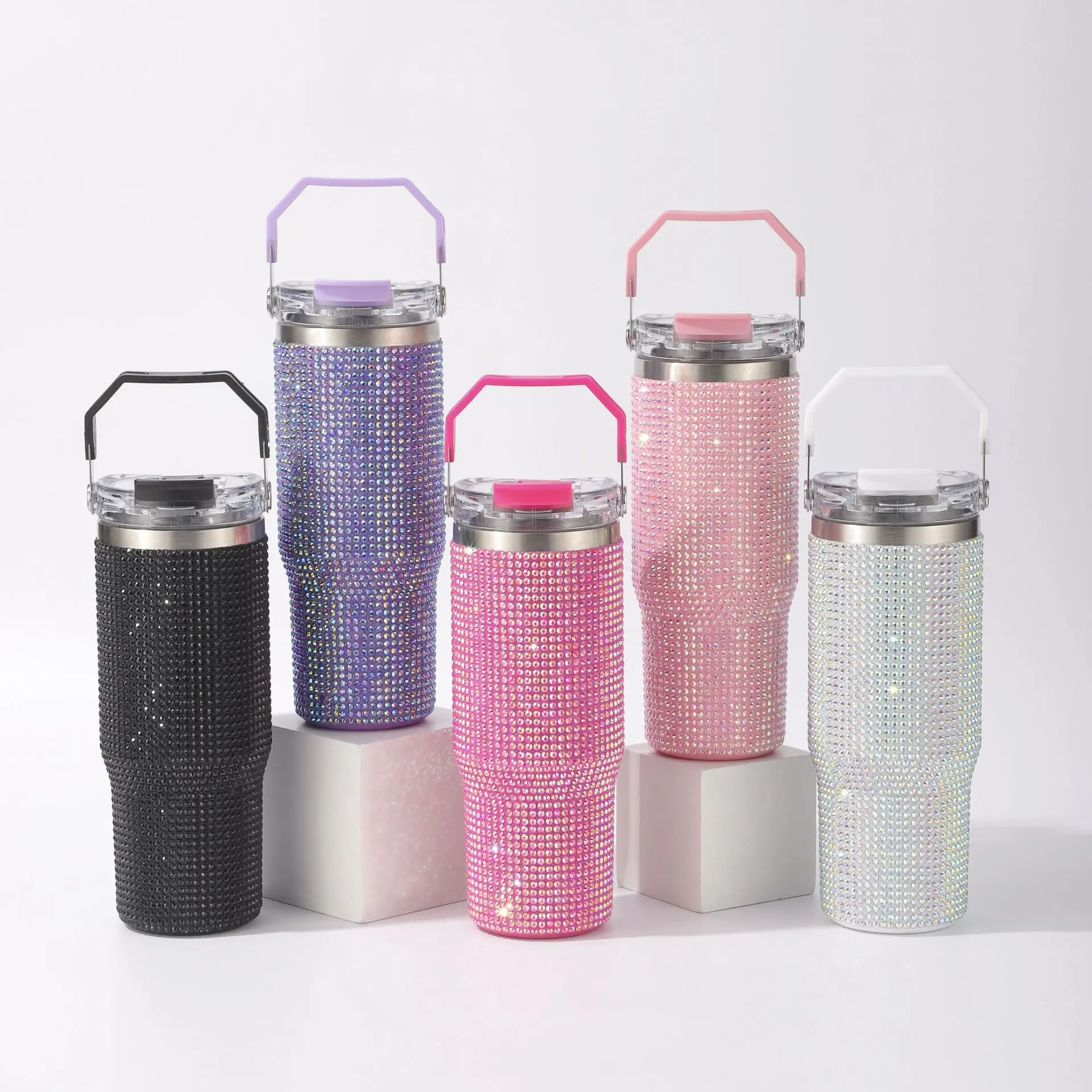 Women's 30oz Rhinestone Wrap Tumbler - Double Wall Vacuum Insulated Stainless Steel Travel Mug with Lid, Silicone Cover, Straw, Tea Compatibility, Leakproof Tumbler Shape Car Camping Cup, US Local Fast Shipping Festival Gift, Insulation, Straw Lid, Hand W