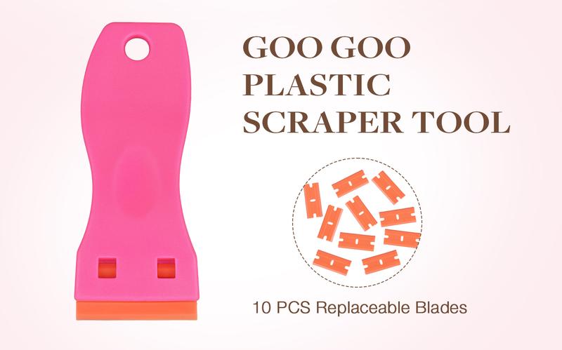 GOO GOO Tape Remover Scraper Tool Plastic Razor Blade Scraper with 10 Orange Replacement Blades, Hot Pink Plastic Scraper for Tape in Extensions, Effectively Removes Tape Residue