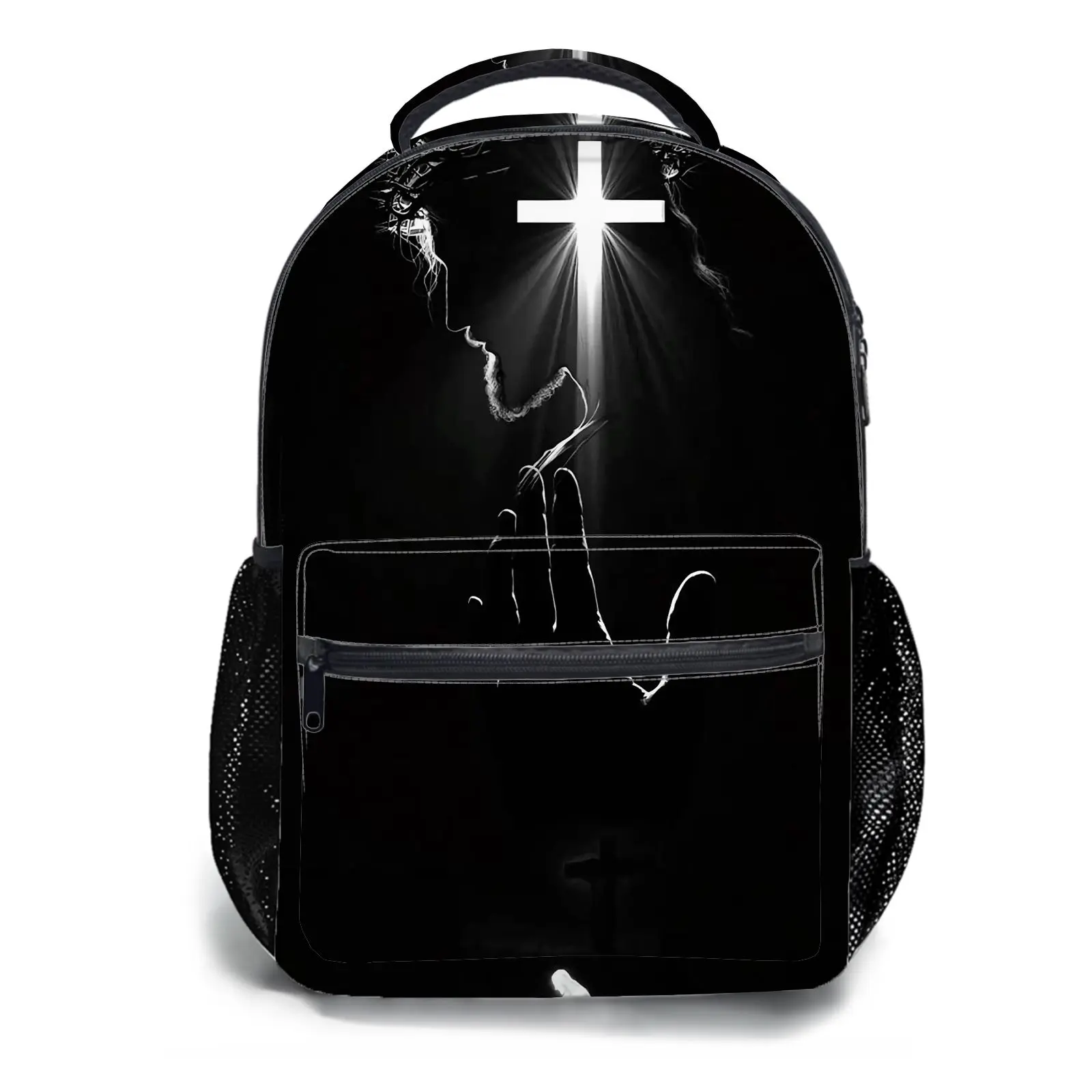 Men's and women's backpacksStudent Schoolbag Childrens Schoolbag High Quality Schoolbag Gift For Anime Religious Cross Silhouette Design Durable Fabric Mesh Side Pockets Suitable For Students Daily Use